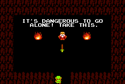 Screenshot from the video game 'Zelda', with the text 'It's dangerous to go alone! Take this.' (A sword)